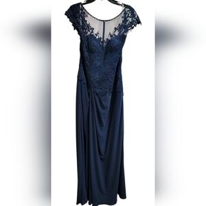 Elegant Navy Lace Capped Sleeve Evening Dress Or Mother Of Bride Or Groom Dress